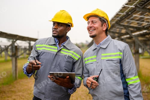 Preview: Maintenance engineers team checking solar panels on solar cell farm