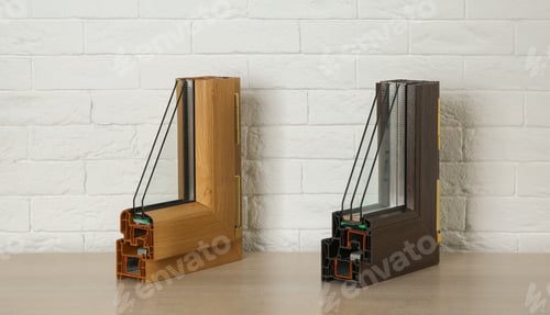 Preview: Samples of modern window profiles on table against brick wall. Installation service