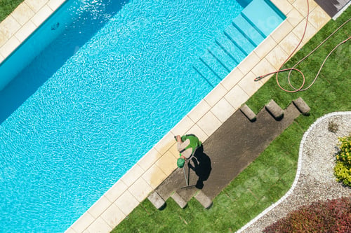 Preview: Residential Backyard Garden with Pool New Natural Grass Installation