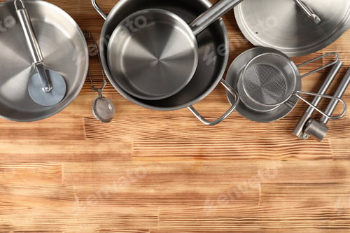 Preview: Kitchen utensil on wooden table, space for text
