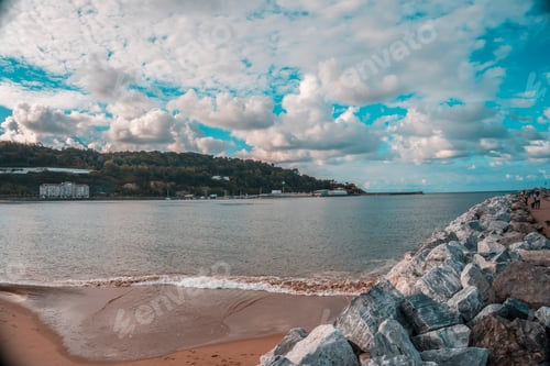 Preview: Panoramic of people walking on the beautiful beach of Fuenterrabia, Guipuzcoa