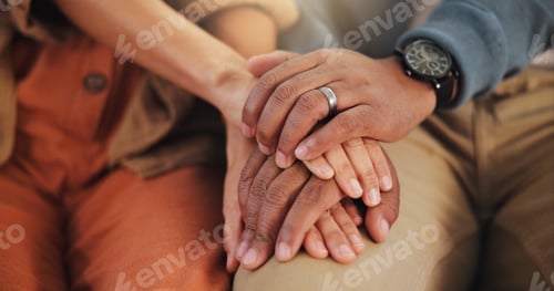 Preview: Holding hands, couple and comfort with support, empathy and love with compassion, care and relax. C