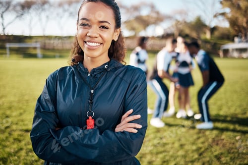 Preview: Coach, cheerleader and portrait of woman with team for sports training, exercise and workout. Fitne