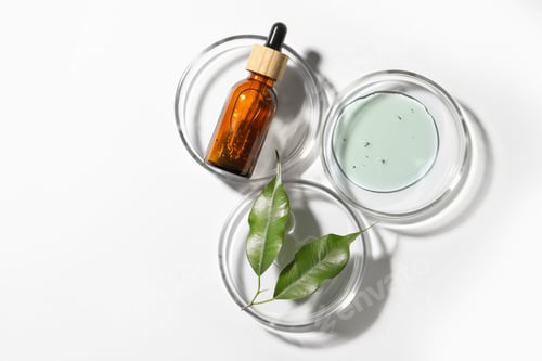Preview: Petri dishes with sample, leaves and bottle on white background, top view