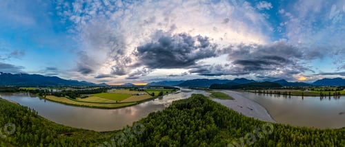 Preview: Aerial panorama of Canadian Mountain Landscape in Valley. Sunny Sunset
