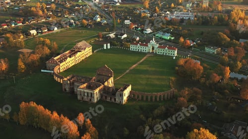 Preview: Ruzhany, Brest Region, Belarus. Cityscape Skyline In Autumn Sunny Evening. Bird's-eye View Of
