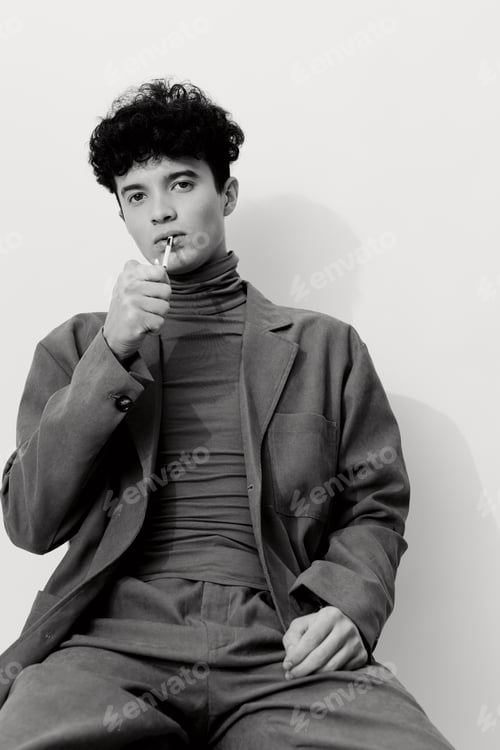 Preview: Cigarette man smoking thoughtful and fashion black sitting white portrait