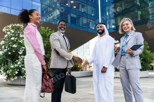 Preview: Group of multiethnic business people meeting an emirati businessman