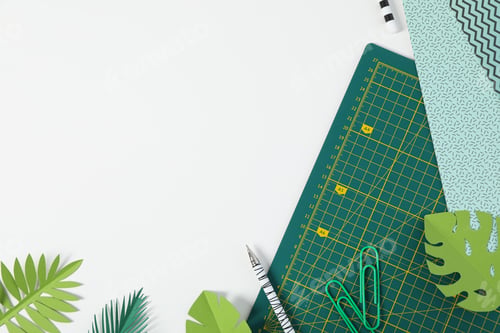 Preview: Patchwork accessories concept on white background, cutting mat