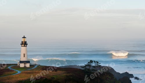 Preview: The historic Yaquina Head tower lighthouse on a headland overlooking the Pacific coastline.