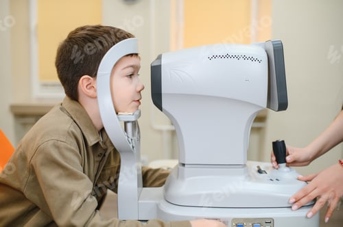 Preview: Child undergoing eyesight examination with autorefractor in ophthalmology clinic