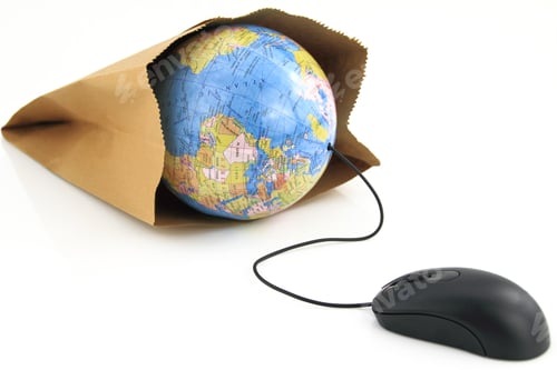 Preview: Computer mouse connected to a grocery bag with a world globe inside
