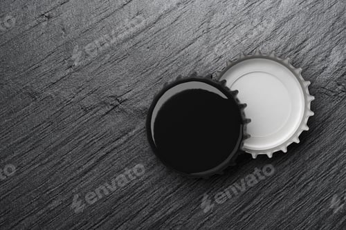 Preview: Black beer caps on dark slate background. 3D rendering.