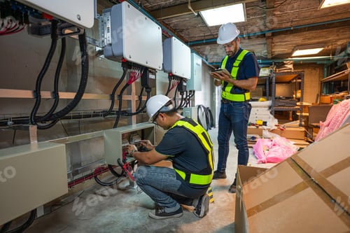 Preview: Service Engineer working inspection installation inverter solar cell.