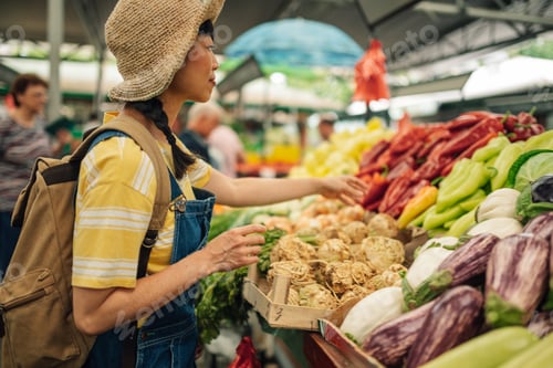 Preview: Asian female customer picks vegetables at colorful market stall.