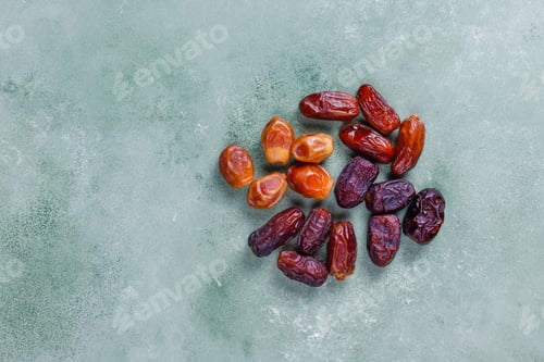 Preview: Various of dried dates or kurma.