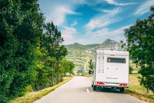 Preview: Motorhome Car Goes On Road On Background Of French Mountain Nature Landscape