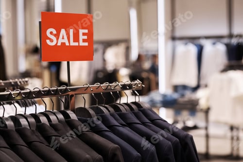 Preview: Red Sign Announcing Clothing Sale at Shop