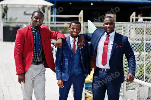 Preview: Three african american happy succesfull mans at suit. Rich black business mans.