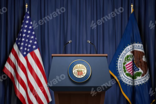 Preview: Federal Reserve System Fed of USA chairman press conference concept.