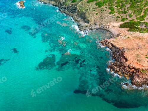 Preview: Aerial drone view of Cala del Pilar beach scenery of Menorca, near Ferreries