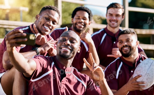 Preview: Selfie, rugby team and men with phone smile ready for exercise, sports training and workout on fiel
