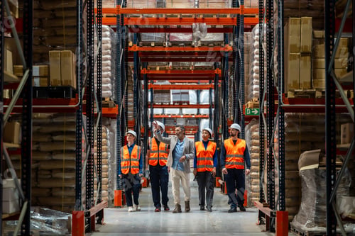 Preview: Warehouse manager leading team through logistics facility