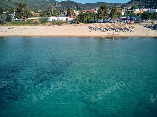Preview: Beautiful Beach With Family Top Aerial View Drone Shot, Sithonia, Greece