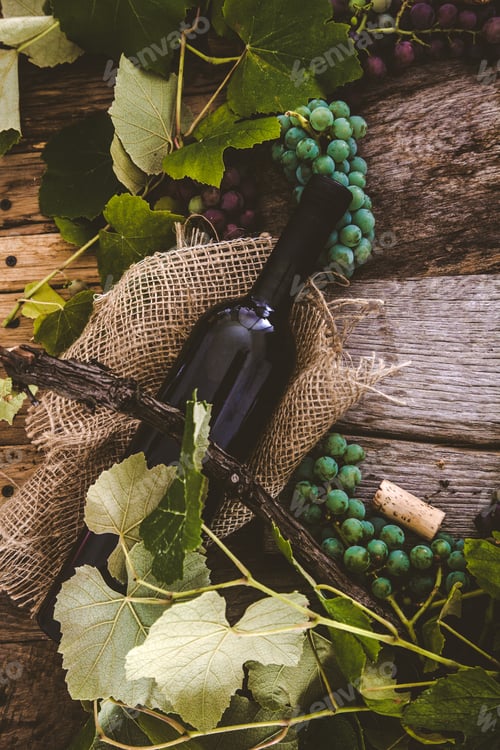 Bottle of Wine with Green and Purple Grapes
