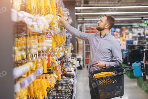 Preview: Man choosing paint roller in hardware store, shopping for home renovation and DIY projects