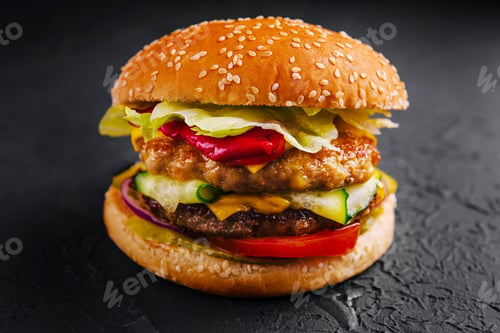 Preview: burger with two cutlets and fresh vegetables