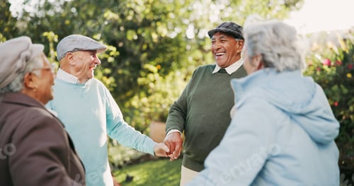 Preview: Group, senior people and holding hands outdoor for retirement fun, reunion and wellness routine. Sm
