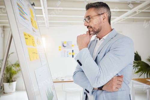 Preview: Thinking, planning and business man in office with vision board, graph and financial, budget or gro