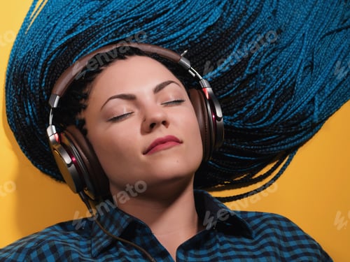 Preview: Beautiful young girl with african blue braids is listening to music with headphones and dancing