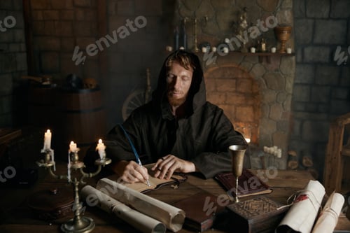 Preview: Portrait of medieval monk writing historic manuscripts at table