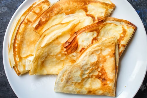Preview: Crepes Tasty Dessert (Thin Pancakes, Healthy Breakfast) Menu Concept. Background. Top View. Copy