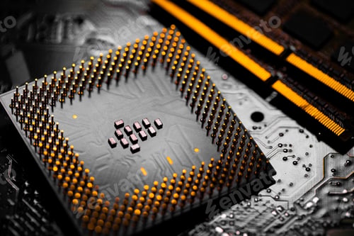Preview: Close up of RAM Memory and pins on Main CPU PC processor circuit
