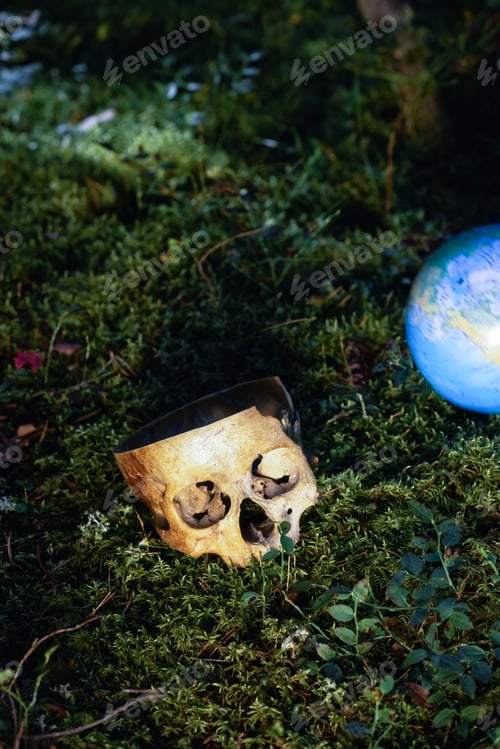 Preview: Fake human skull. Decorative skull. An artificial human skull and a small globe