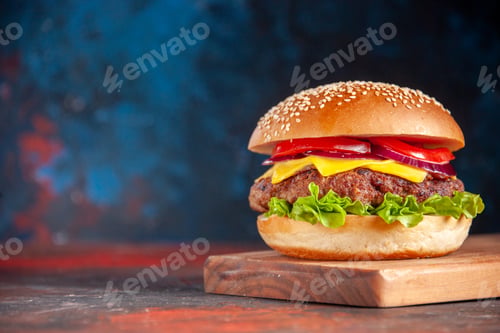 Preview: front view delicious cheeseburger with meat tomatoes and green salad on dark background sandwich