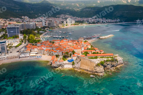 Preview: Old town in Budva in a beautiful summer day, Montenegro. Aerial image. Top view