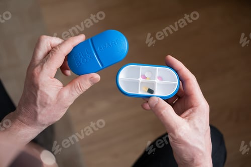Preview: Man's hands are holding blue six day pill box with pills.