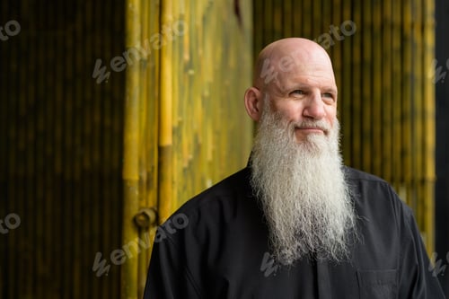 Preview: Portrait of man bald man with long gray beard outdoors against bamboo wall thinking