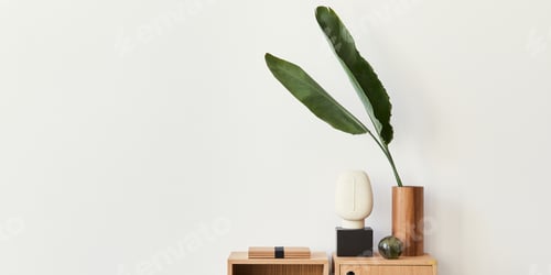 Preview: Modern Still Life With Plant, Sculpture, and Wood