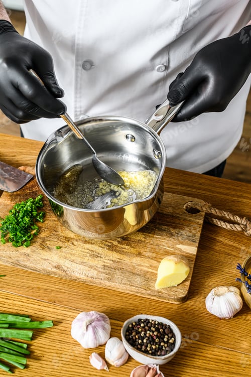 Preview: A chef in black gloves prepares stir fry vegetables. Concept of cooking healthy organic food