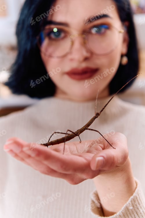 Preview: Young Woman Captured in a Beautiful Moment with Her Stick Insect (Medauroidea Extradentata)