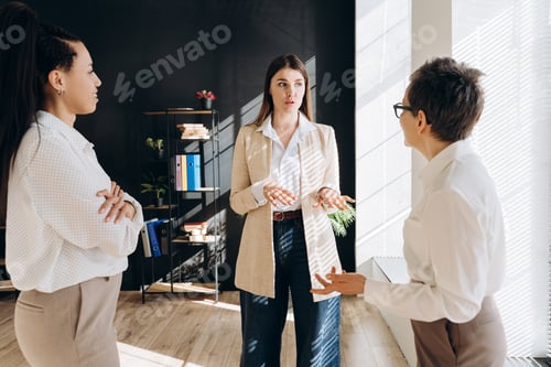 Preview: Businesswomen discussing strategy during meeting in modern office