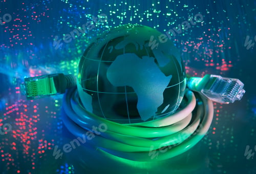 Preview: Globe With Network On Technology Fiber Optics Background