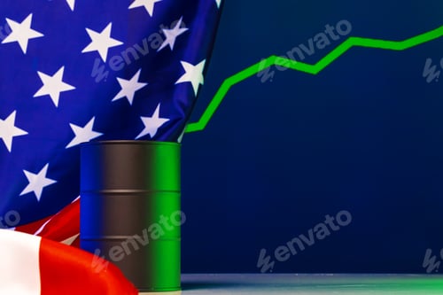 Preview: Price of american oil is changing concept. Black barrel with oil and graph