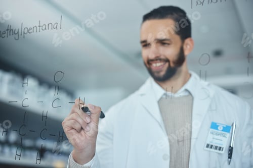 Preview: Science, research and man writing on glass in lab, innovation, formula and analytics. Happy scienti