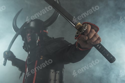 Preview: close-up shot of samurai in armor with dual katana swords on dark background with smoke
